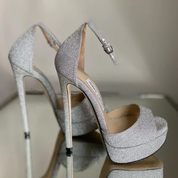 Jimmy Choo Max 150 Metallic Silver Glitter Platform Stiletto Sandals 35 - Picture 10 of 14
